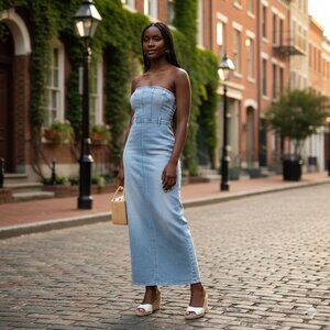 Pull & Bear Strapless Maxi Denim Dress Light Wash Zip Back Size S